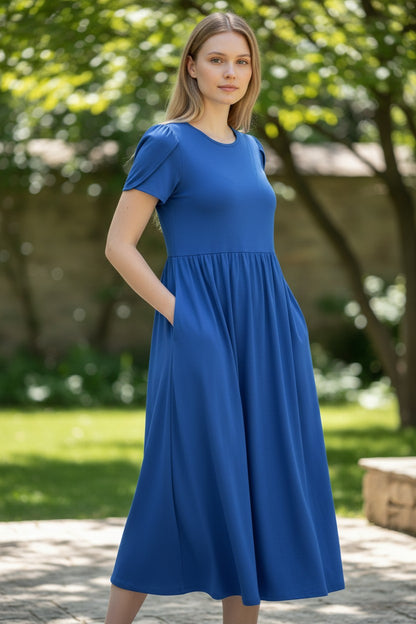 Women’s A-Line Summer Dress Short Sleeve Round Neck – Blue M