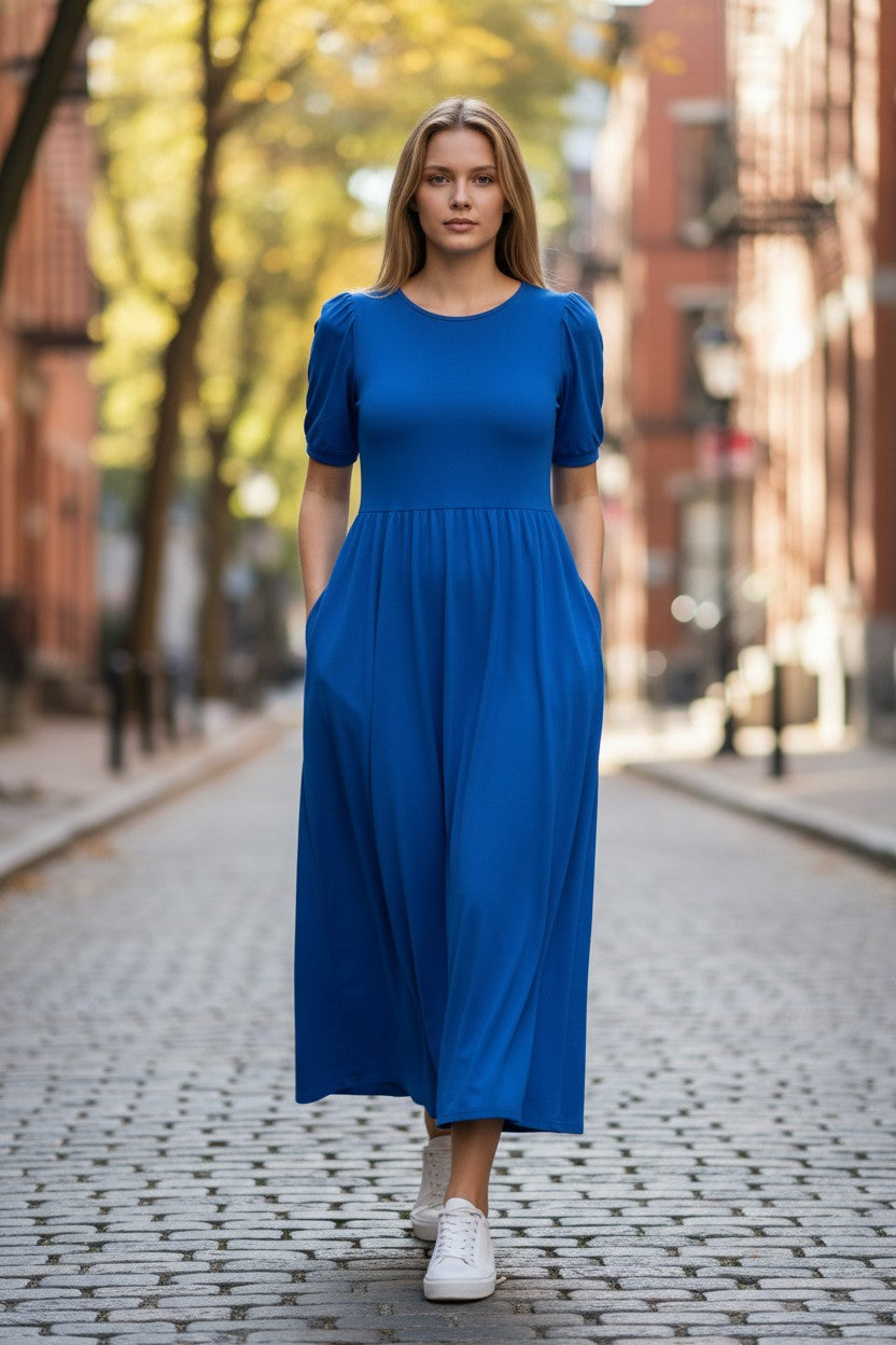 Women’s A-Line Summer Dress Short Sleeve Round Neck – Blue M