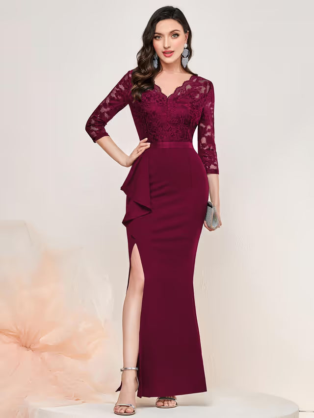 MISSMAY Women's Vintage Floral Lace Ruffle Evening Dress – Burgundy Large