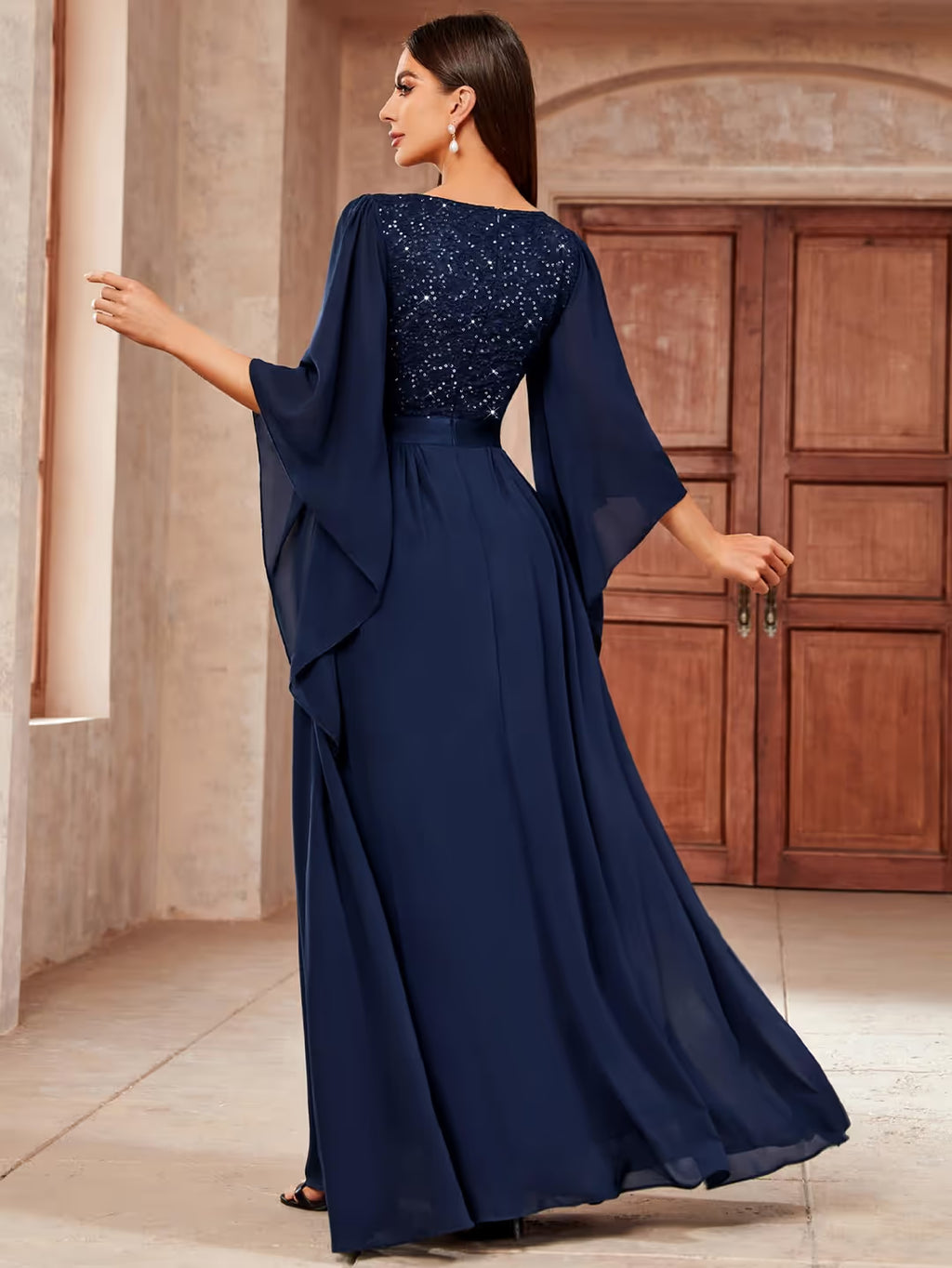 MIUSOL Lace Sequin Evening Dress Women's Small Navy Blue Flare Sleeves Zip Up