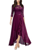 Miusol Elegant Floral Lace Ruffle Maxi Dress Women's Medium Magenta Scoop Neck