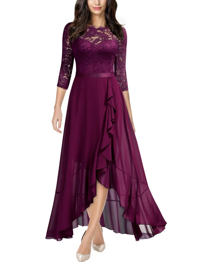 Miusol Elegant Floral Lace Ruffle Maxi Dress Women's Medium Magenta Scoop Neck