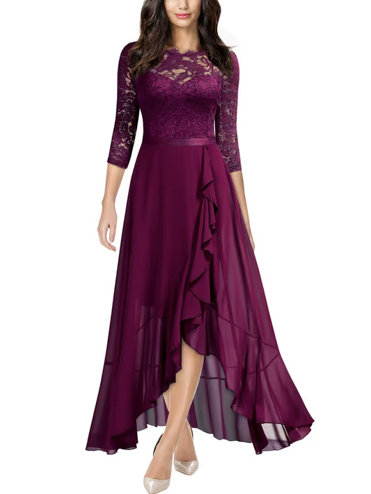 Miusol Elegant Floral Lace Ruffle Maxi Dress Women's Medium Magenta Scoop Neck