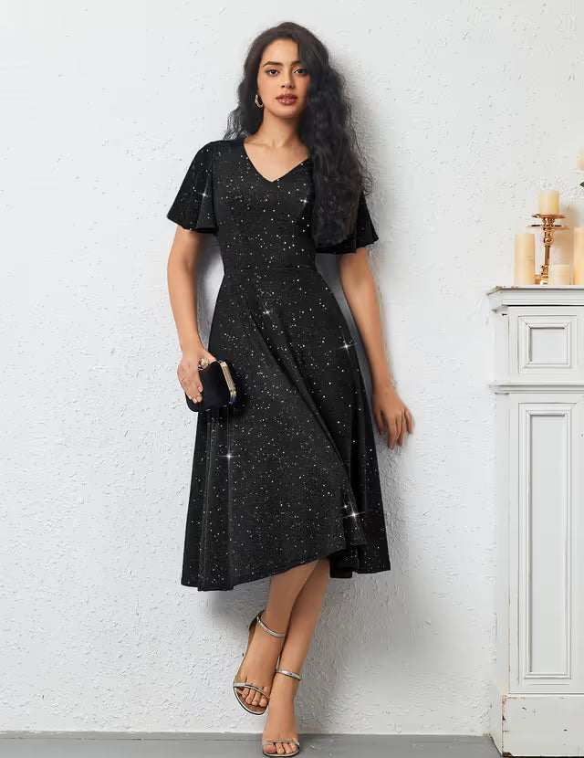 Bridesmay Sequin Midi Cocktail Dress Sparkly Party Bridesmaid – Black 2XL