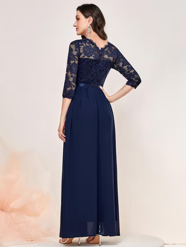 Women's Retro Floral Lace 3/4 Sleeve Maxi Dress – Navy Blue L