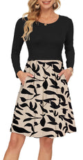 AUSELILY Long Sleeve Pleated Dress Women Size XL Apricot Black Pocket Round Neck