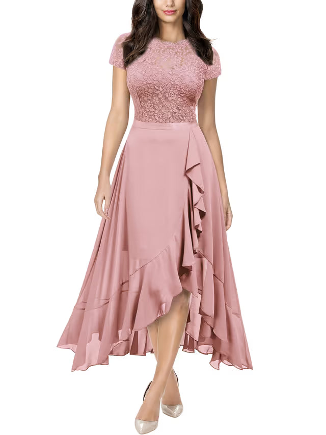 Women’s Floral Lace Ruffle Maxi Dress Evening Wedding Guest – Pink XL