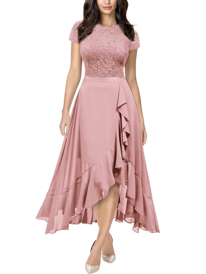 Women’s Floral Lace Ruffle Maxi Dress Evening Wedding Guest – Pink XL