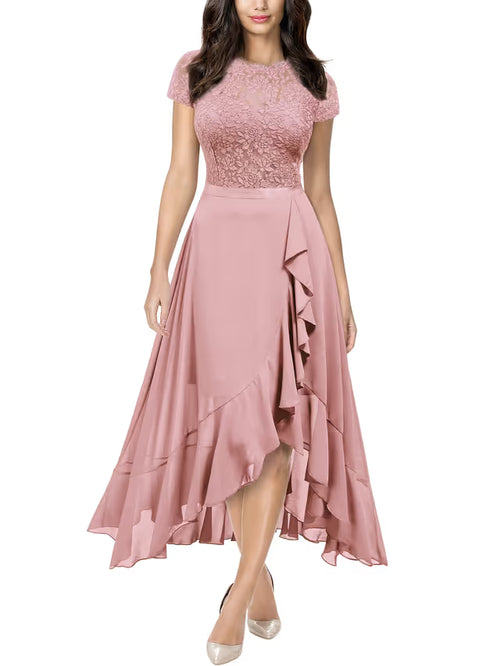 Women’s Floral Lace Ruffle Maxi Dress Evening Wedding Guest – Pink XL