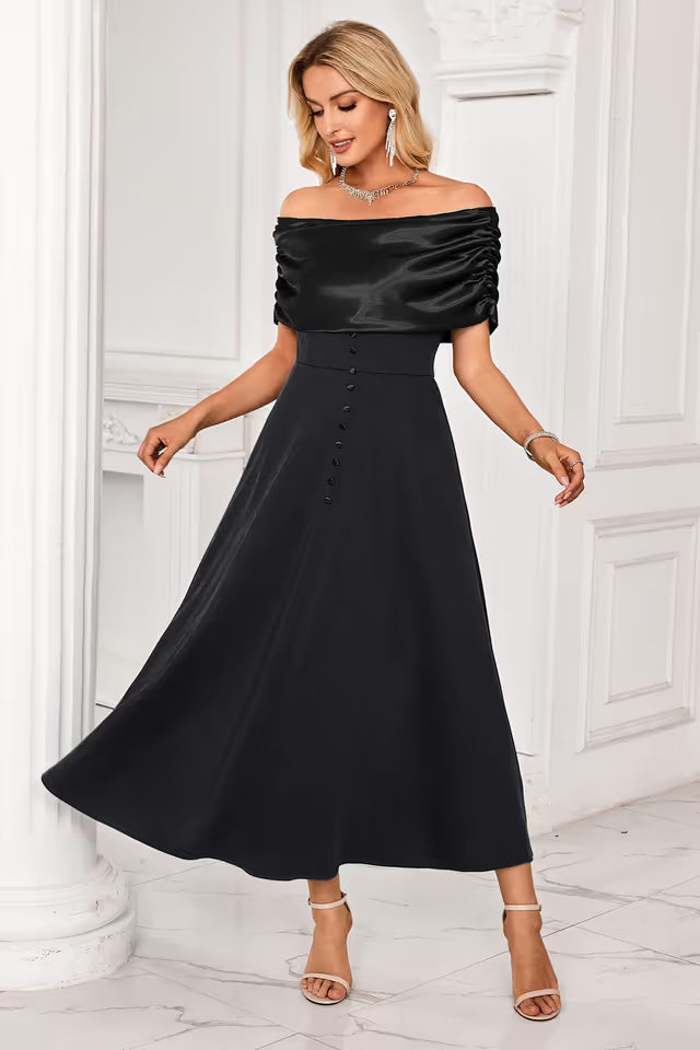 Women's Off-Shoulder Cocktail Dress Ruched Swing Bridesmaid – Black S