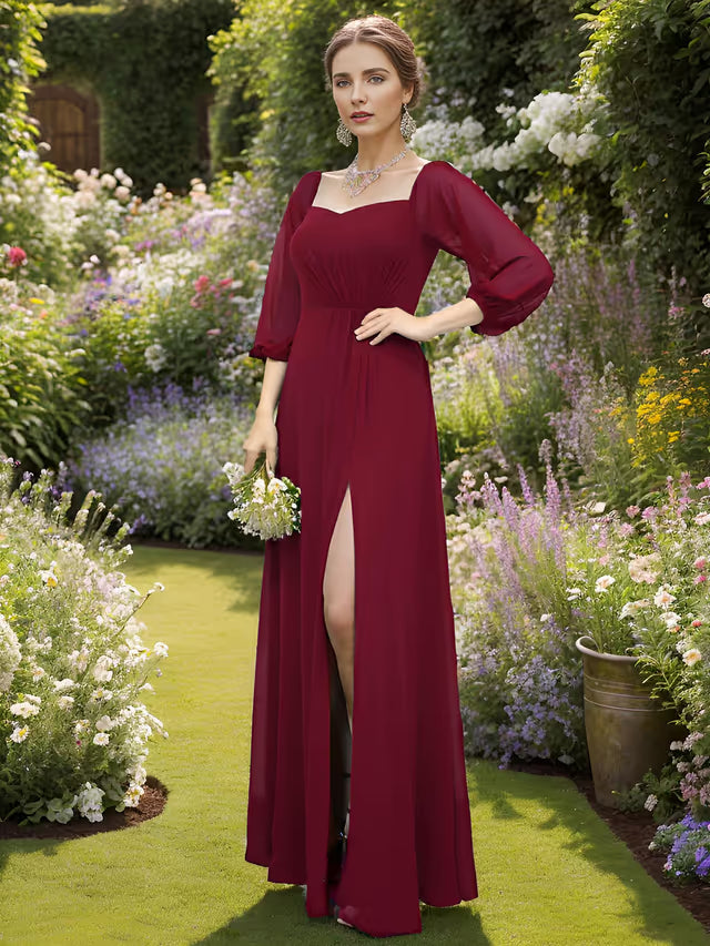 Ever-Pretty Off-Shoulder Bridesmaid Dress Lantern Sleeves High Split Chiffon – Burgundy UK14