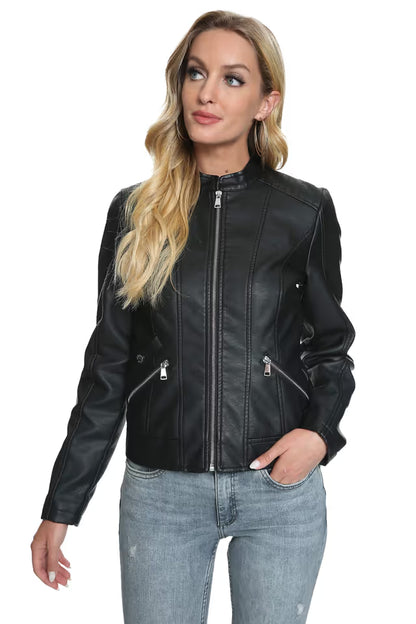 Women’s Faux Leather Moto Jacket Zip-Up Fitted Slim Coat
