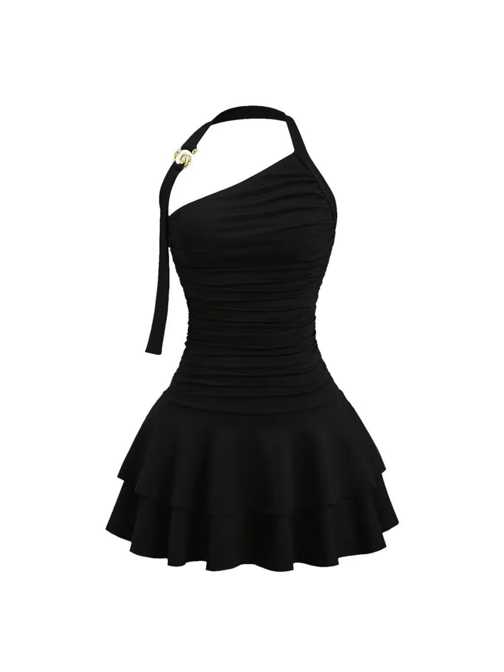 Mini Dress Women's Size X-Small Black Halter Neck Tiered Ruffle Cinched Waist