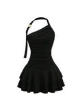 Mini Dress Women's Size X-Small Black Halter Neck Tiered Ruffle Cinched Waist