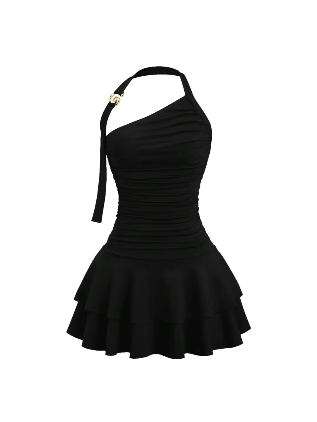 Mini Dress Women's Size X-Small Black Halter Neck Tiered Ruffle Cinched Waist