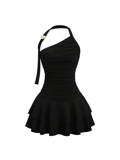 Mini Dress Women's Size X-Small Black Halter Neck Tiered Ruffle Cinched Waist