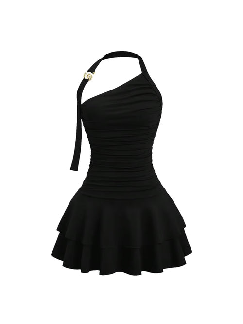 Mini Dress Women's Size X-Small Black Halter Neck Tiered Ruffle Cinched Waist