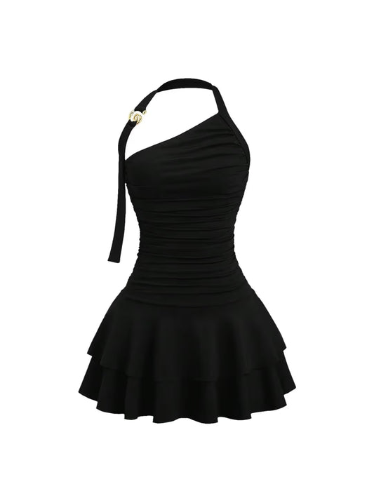 Mini Dress Women's Size X-Small Black Halter Neck Tiered Ruffle Cinched Waist