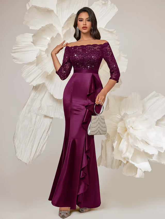Women's 3/4-Sleeve Lace Sequin Ruffle Fishtail Maxi Dress – Maroon L