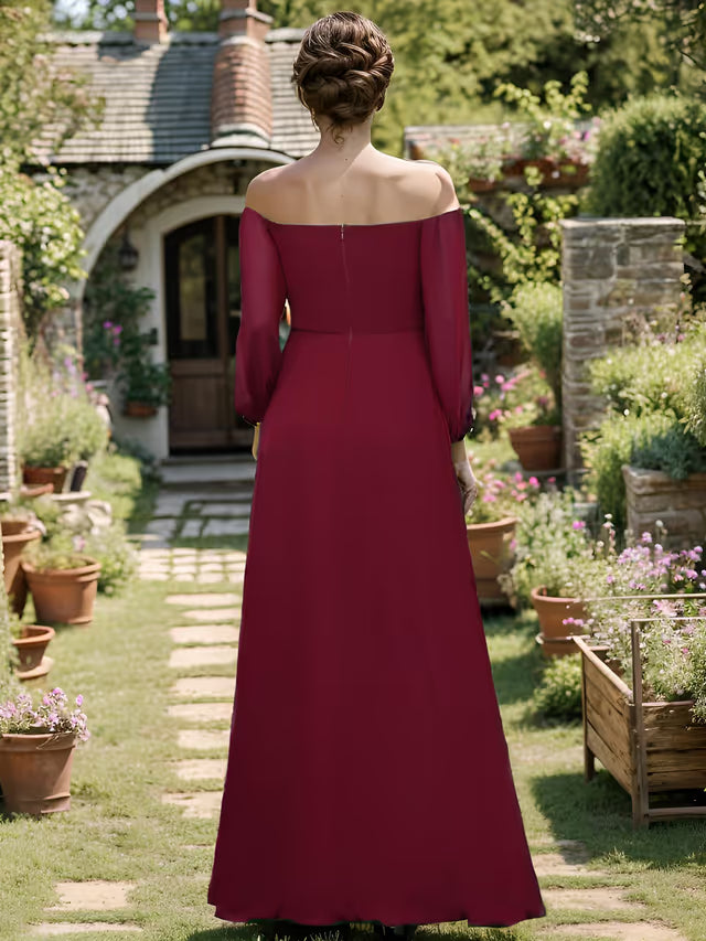 Ever-Pretty Off-Shoulder Bridesmaid Dress Lantern Sleeves High Split Chiffon – Burgundy UK14