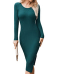 Women's Knitted Midi Sweater Dress Round Neck Slim Fit – Dark Green M
