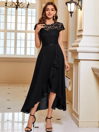 MIUSOL Women's Elegant Floral Lace Ruffle Evening Maxi Dress – Black X-Large
