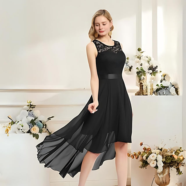 Midi Cocktail Dress Women's Size Large Black Chiffon High Low Sleeveless Lace
