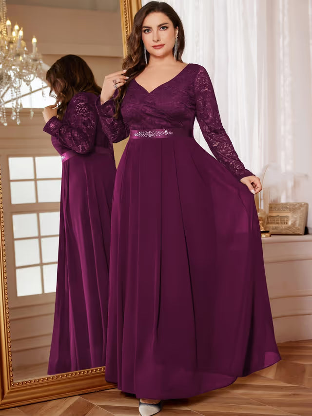 Plus Size Floral Lace Chiffon Maxi Dress Rhinestone Waist – Maroon 2XL