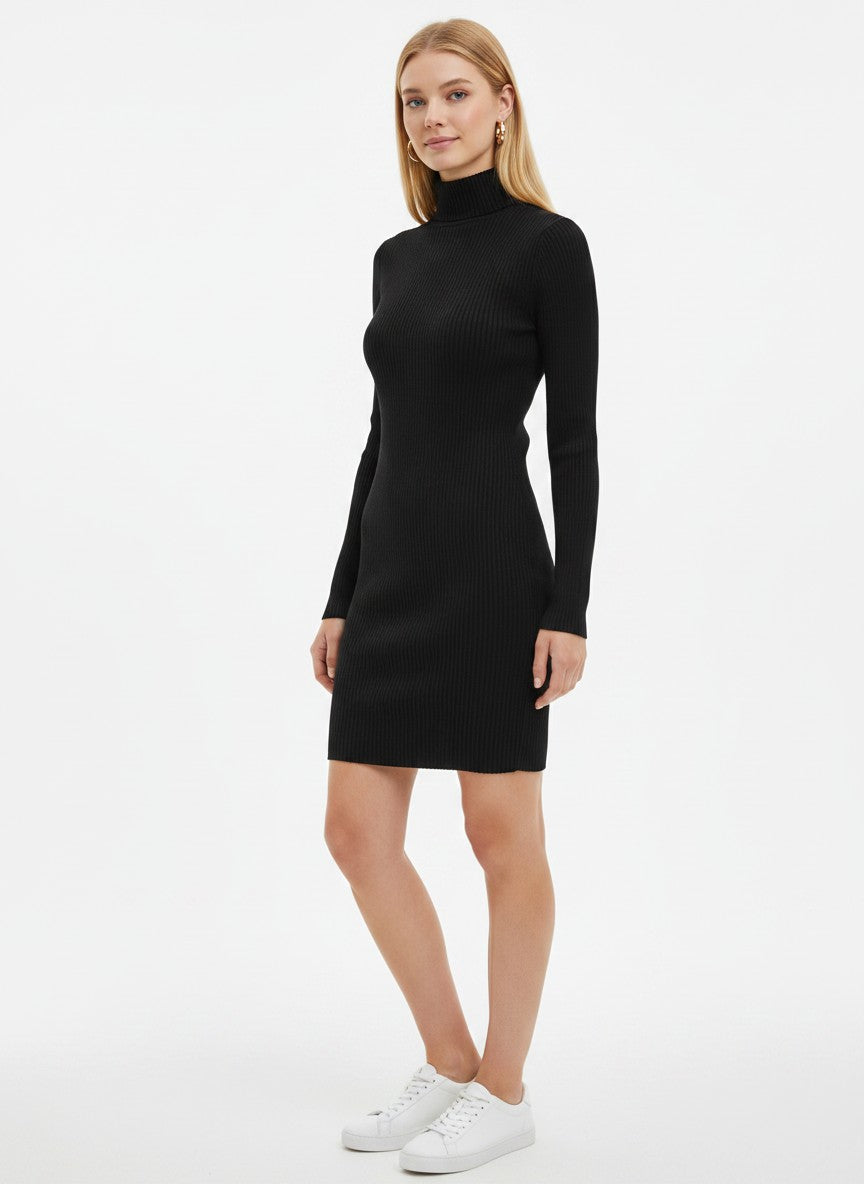 Women's Knitted Turtleneck Jumper Dress Slim Fit Warm – Black XXL