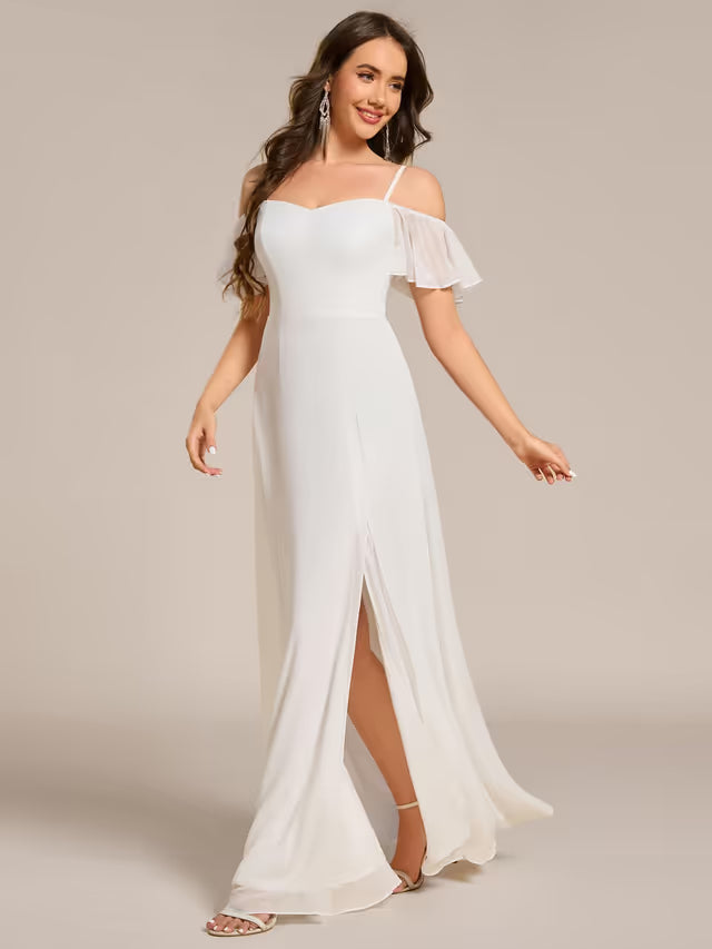 Ever-Pretty Women's Off-Shoulder Chiffon Bridesmaid Dress Empire Waist Side Slit - White UK14