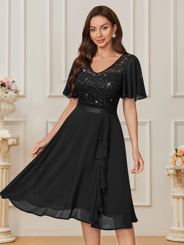 Miusol Cocktail Swing Dress Women's 2XL Black Short Sleeves Ruffle Lace Sequins