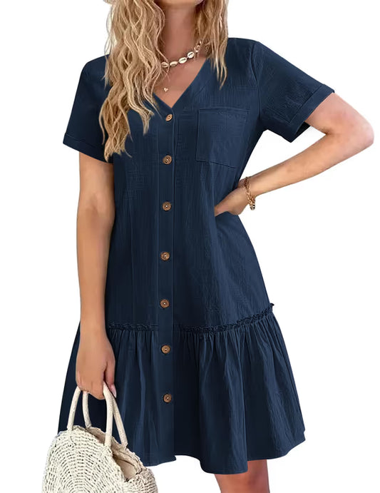 HOTOUCH Summer Dresses for Women UK Button Down Mini Dress Cotton Linen Dress Short Sleeve Beach Dress Ruffle Hem Casual Dress Navy Blue L