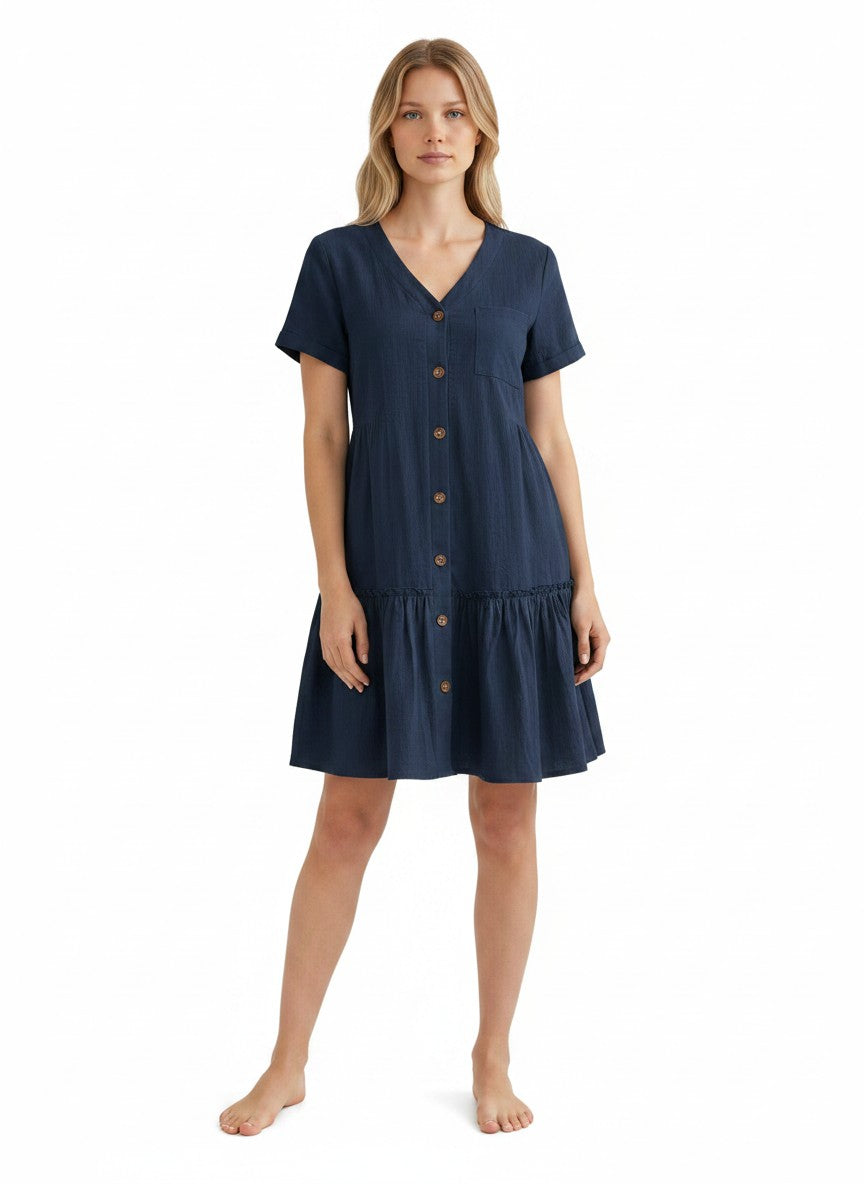 HOTOUCH Women Summer Cotton Linen Dress Button Down Dress V-Neck Ruffle Hem Casual Dress Short Sleeve Beach Dress Navy Blue M