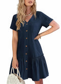 HOTOUCH Women Summer Cotton Linen Dress Button Down Dress V-Neck Ruffle Hem Casual Dress Short Sleeve Beach Dress Navy Blue M