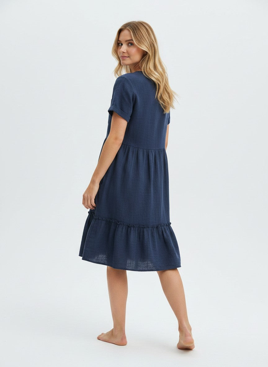 HOTOUCH Women Summer Cotton Linen Dress Button Down Dress V-Neck Ruffle Hem Casual Dress Short Sleeve Beach Dress Navy Blue M