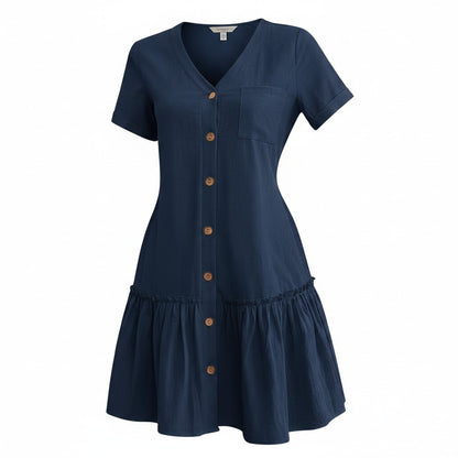Hotouch Summer Dresses for Women UK Button Down Mini Dress Cotton Linen Dress Short Sleeve Beach Dress Ruffle Hem Casual Dress Navy Blue L