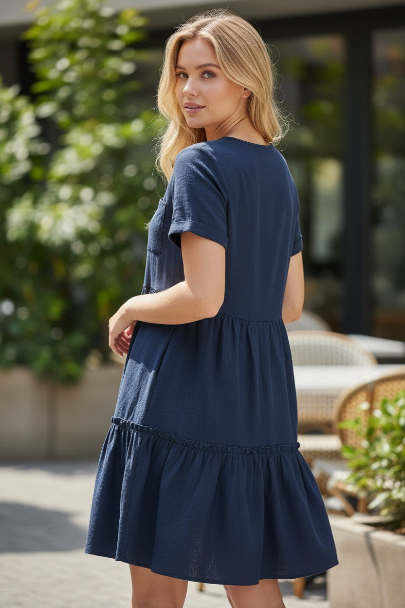 Hotouch Summer Dresses for Women UK Button Down Mini Dress Cotton Linen Dress Short Sleeve Beach Dress Ruffle Hem Casual Dress Navy Blue L