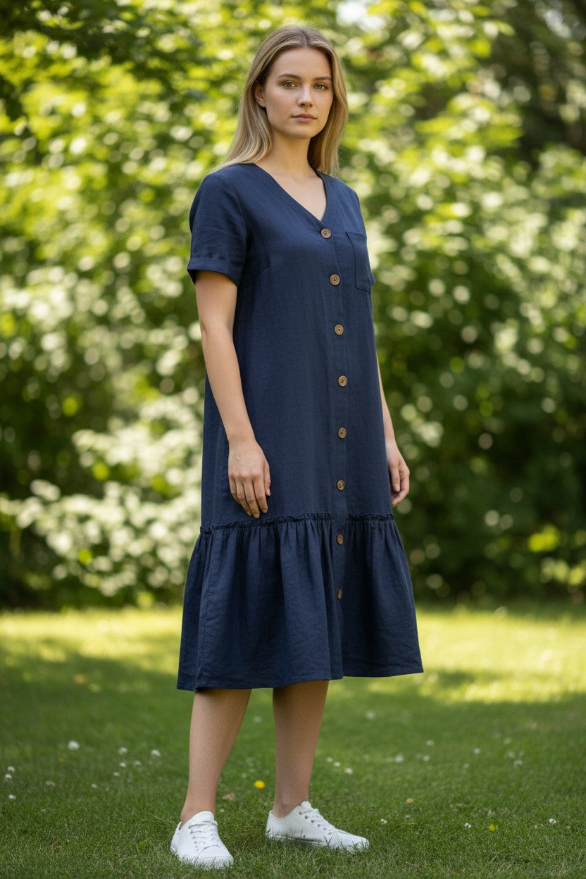 Hotouch Summer Dresses for Women UK Button Down Mini Dress Cotton Linen Dress Short Sleeve Beach Dress Ruffle Hem Casual Dress Navy Blue L