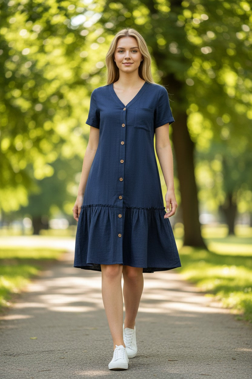 Hotouch Summer Dresses for Women UK Button Down Mini Dress Cotton Linen Dress Short Sleeve Beach Dress Ruffle Hem Casual Dress Navy Blue L