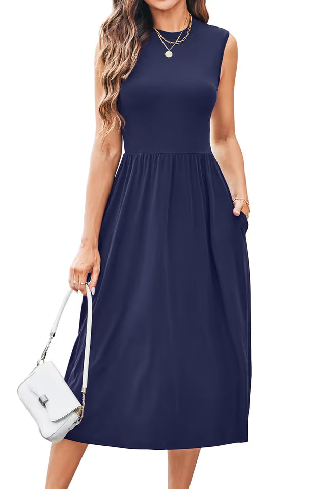 Ladies Summer Midi Sundress Casual Work Dress with Pockets – Navy Blue L