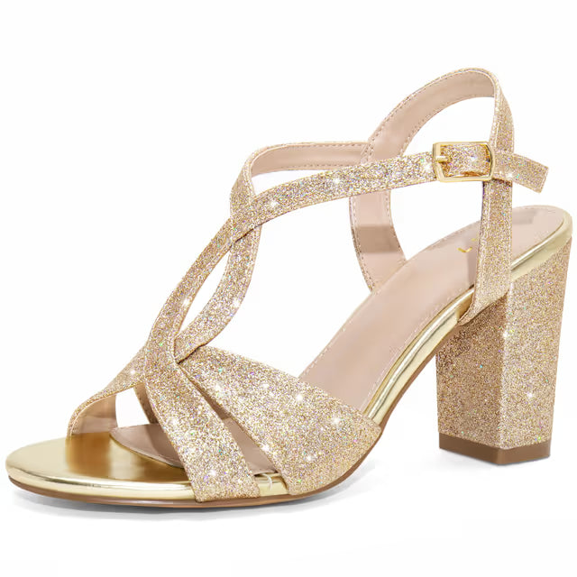 Women’s Glitter Crisscross Strappy Chunky Heel Sandals Open Toe – Gold UK 6 (US 8)