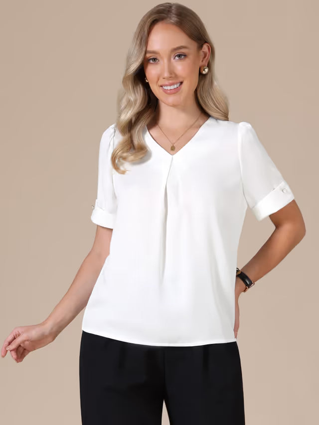 Allegra K Women's Satin Blouse V-Neck Short Sleeve Dressy Work Shirt – White M