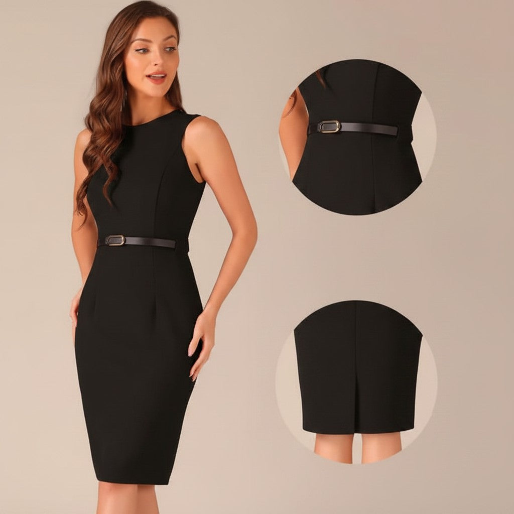 Women's Sleeveless Belted Sheath Dress Round Neck Office Casual – Black M