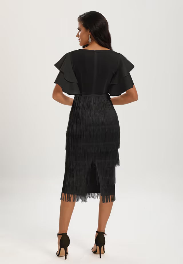 Ladies Fringe Tiered V-Neck Maxi Bodycon Dress – Black XL