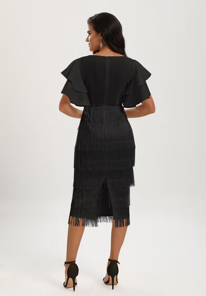 Ladies Fringe Tiered V-Neck Maxi Bodycon Dress – Black XL