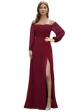 Ever-Pretty Off-Shoulder Bridesmaid Dress Lantern Sleeves High Split Chiffon – Burgundy UK14
