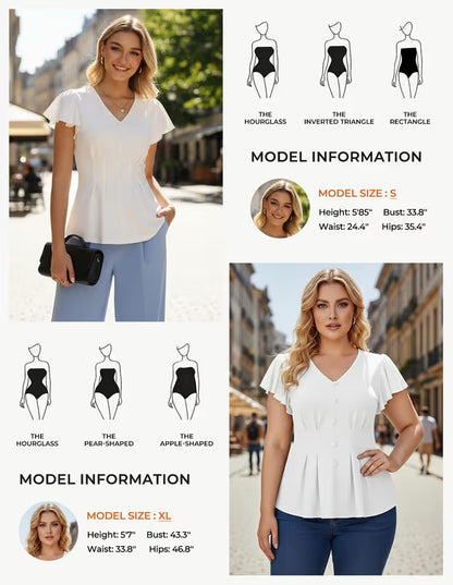 Women's V-Neck Ruffle Smocked Summer Top Short Sleeve – White S