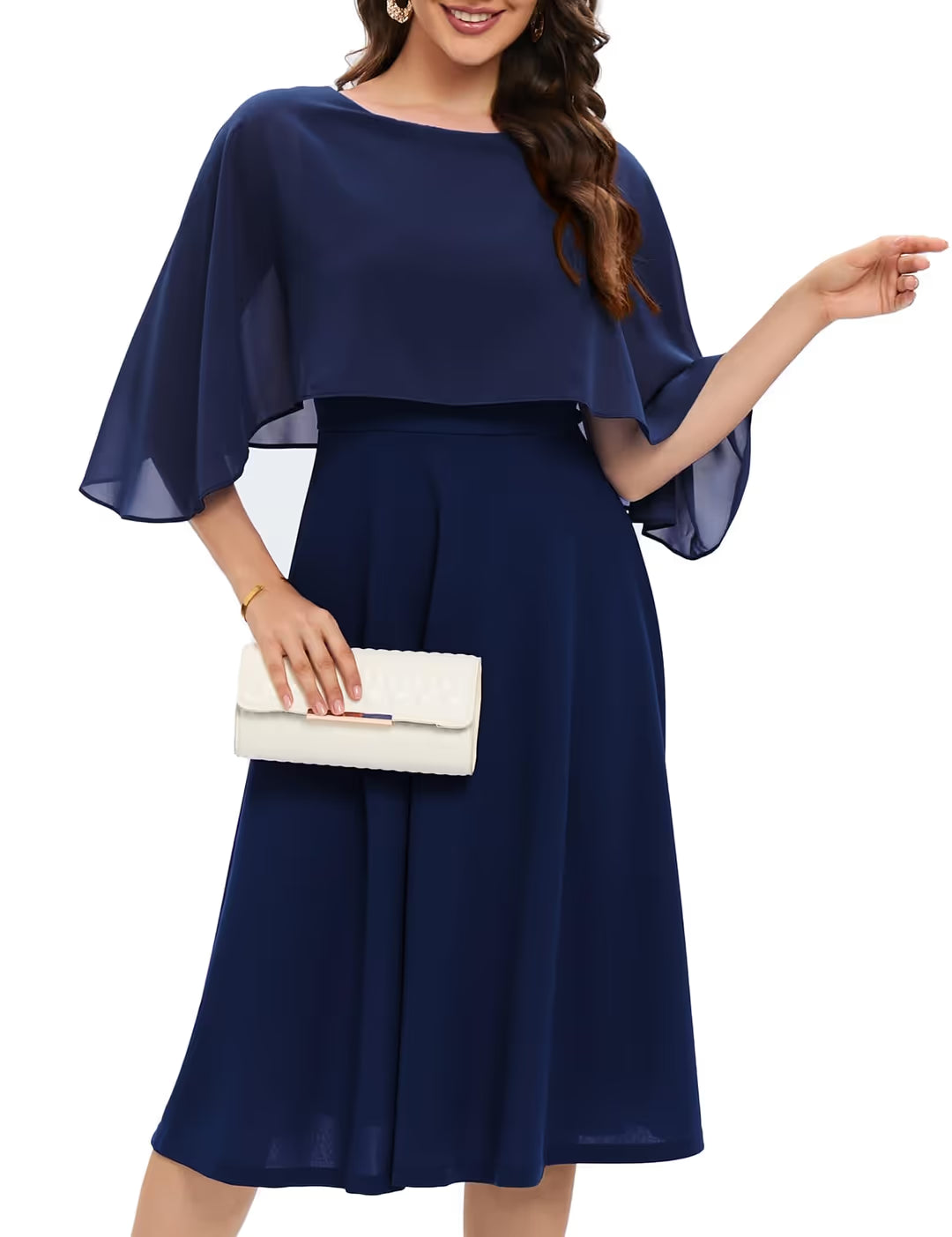 Finadressr Chiffon Overlay Cape Dress Women's Size Small Navy Blue Boat Neck