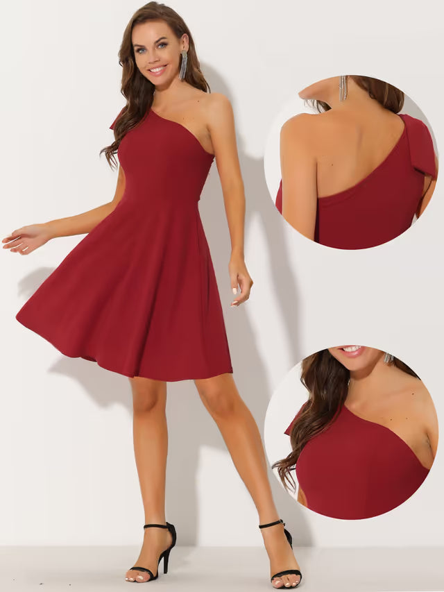 Allegra K A-line Cocktail Dress Bow One Shoulder with Pockets – Red 16