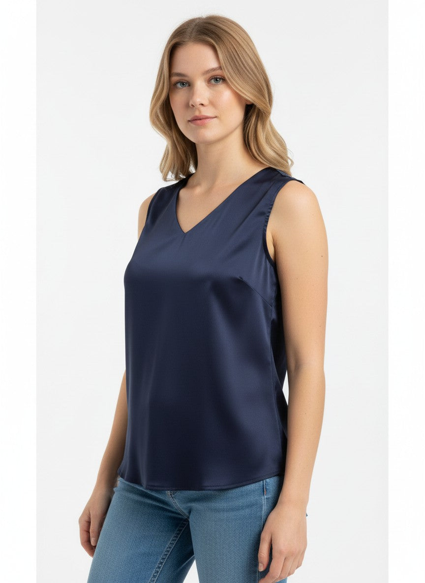 HOTOUCH Women’s Satin V-Neck Tank Top – Navy Blue S